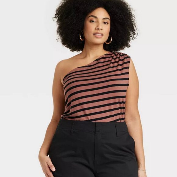 Women's Slim Fit One Shoulder Tank Top - A New Day™ Brown Striped S - Picture 1 of 5